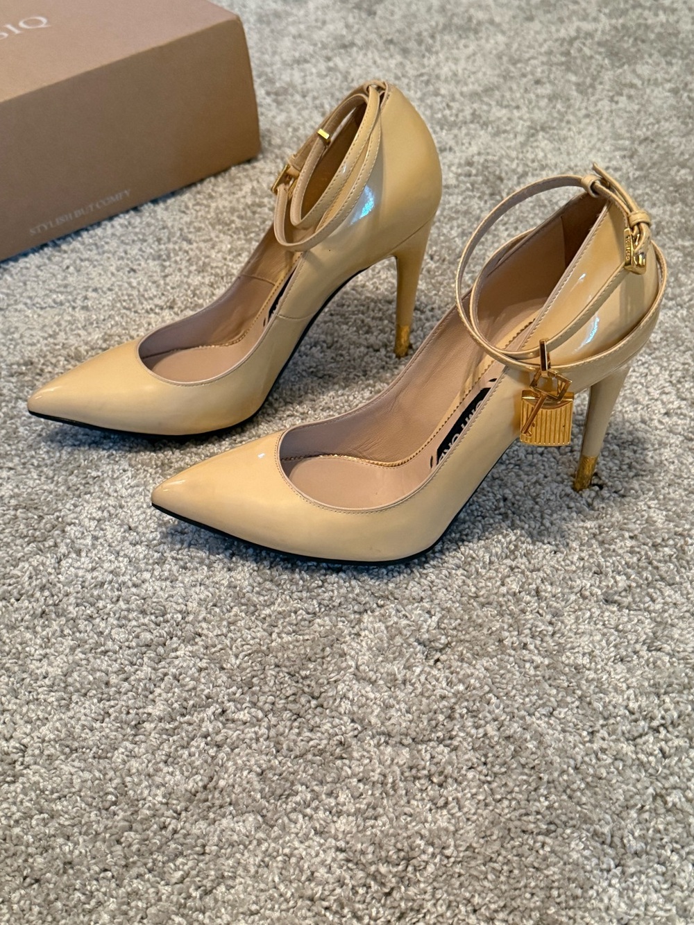 Tom Ford Nude Patent Leather Pointed Toe Stiletto Heels with Gold Lock Accent - Picture 8 of 14